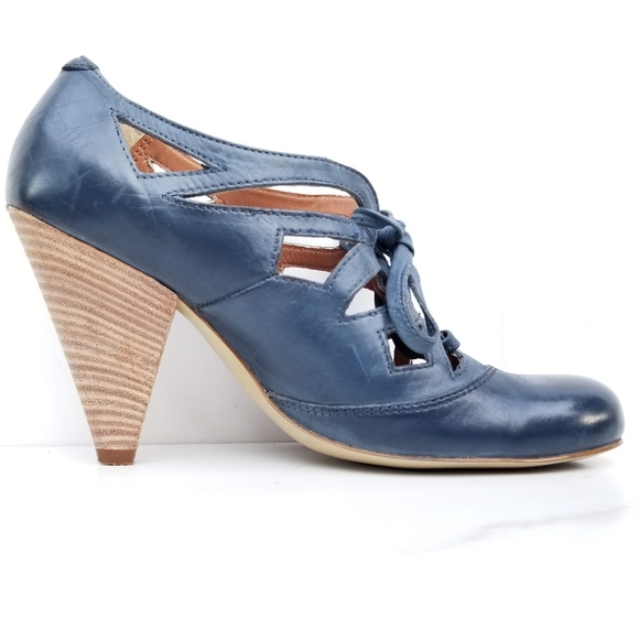 NEXT Pumps Laser Cut Out Blue Leather Lace Up Heel - Picture 4 of 8